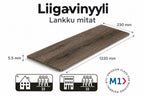 Liigavinyyli-vinyylilankun mitat ja rakenne: 230x1220x5,5 mm, käyttöluokka 33 ja M1-sertifikaatti